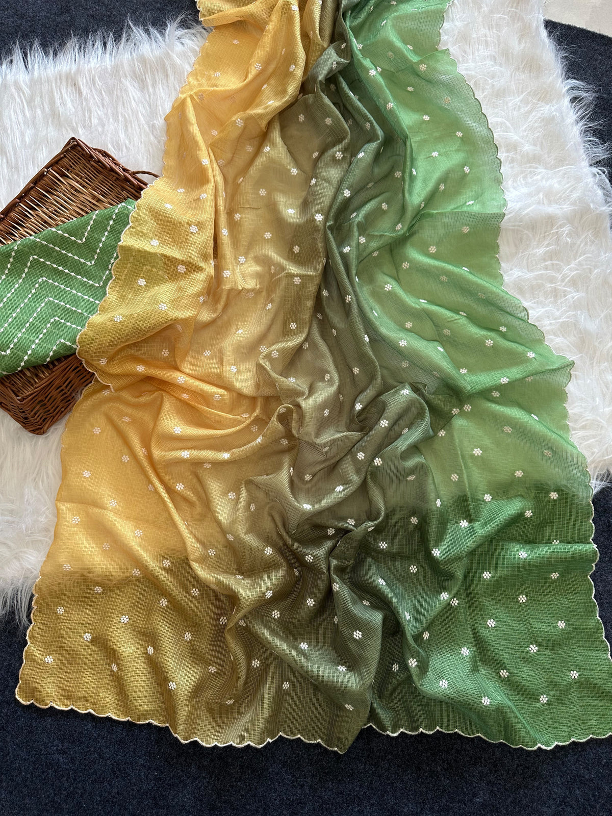 Beautiful kota doria saree with white buti weaving and scalloped border