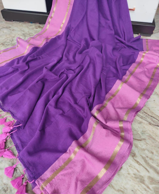 Pure mul cotton saree with zari lines border - pink purple