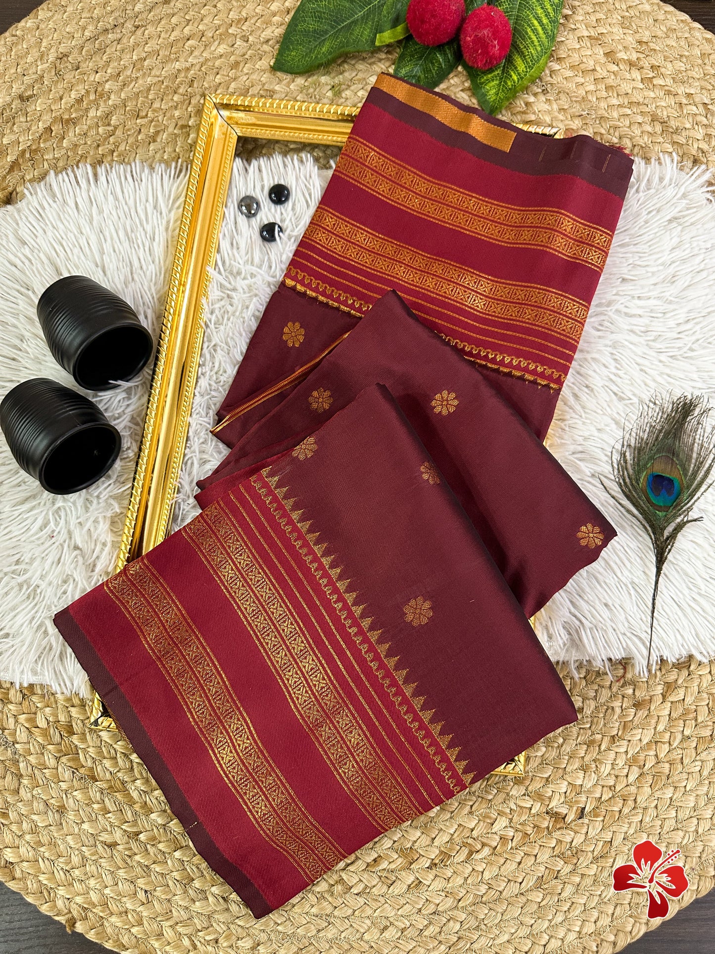 Soft semi silk saree with chakra buttis - maroon