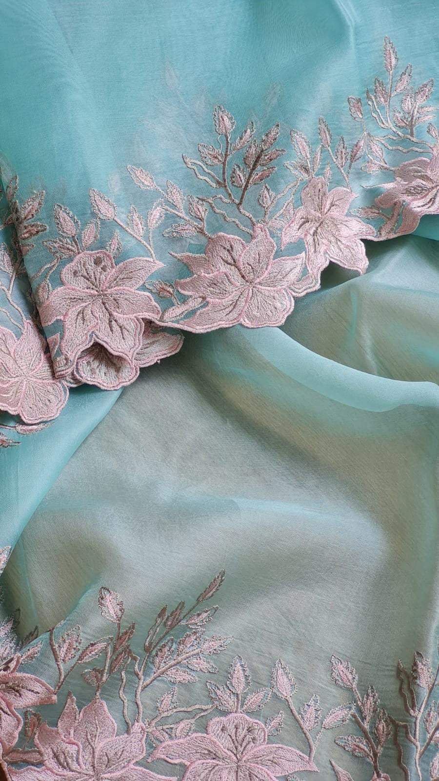 Pure organza silk saree with embroidery scallop border