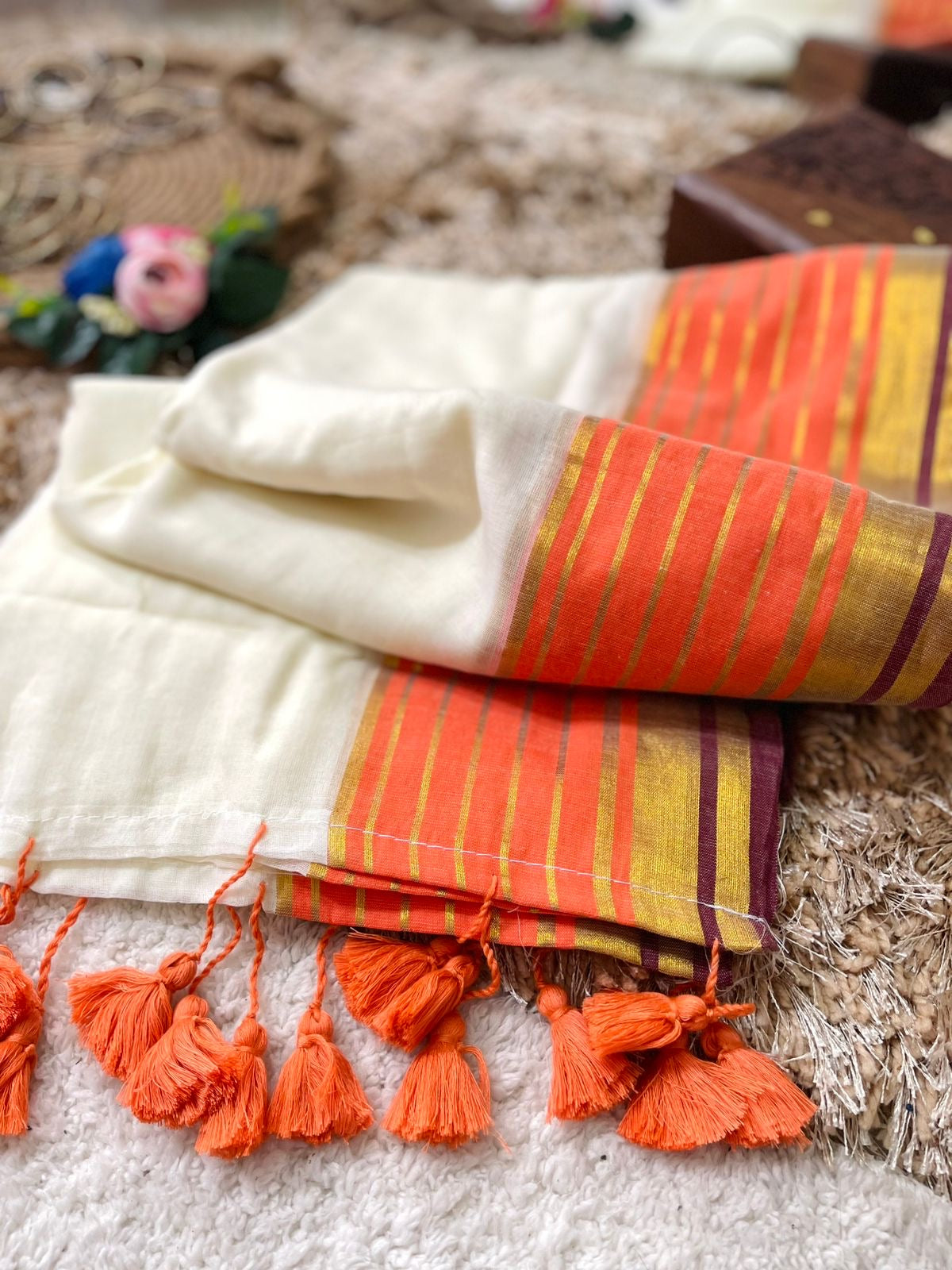 Premium pure mul cotton saree with orange and brown zari border
