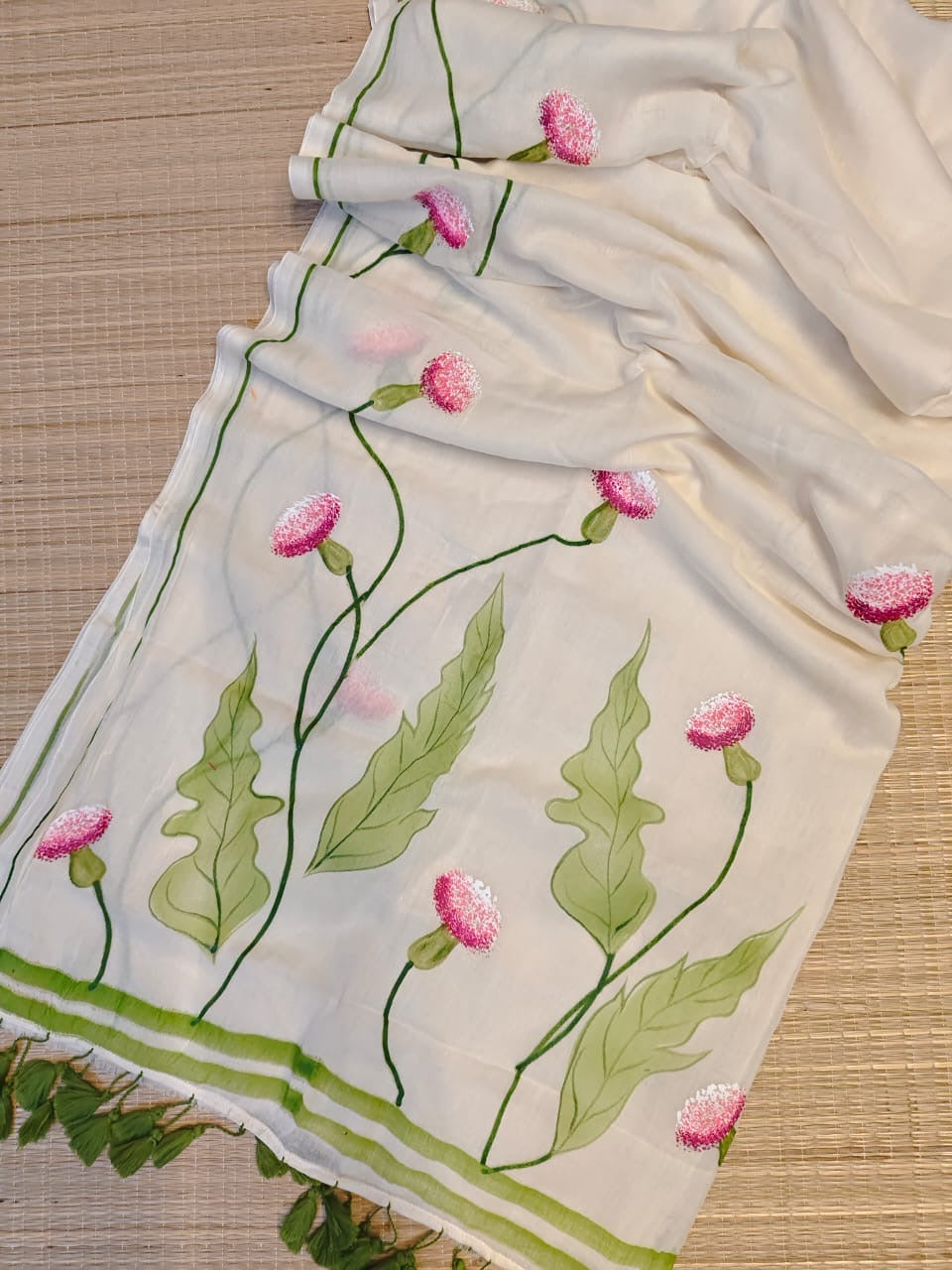 Pure mul cotton handpainted saree - globe amaranth