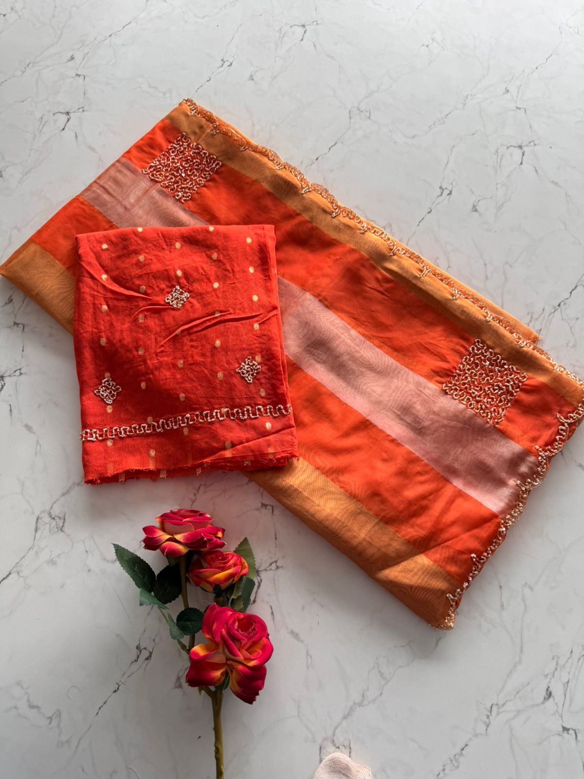 Beautiful viscose organza saree with khatli handwork and scalloped border