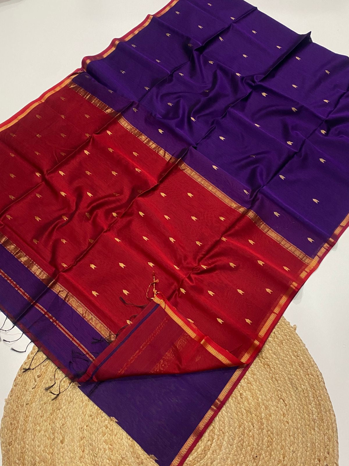 Pure Maheshwari silk cotton sarees with small border and buttis - contrast pallu and blouse
