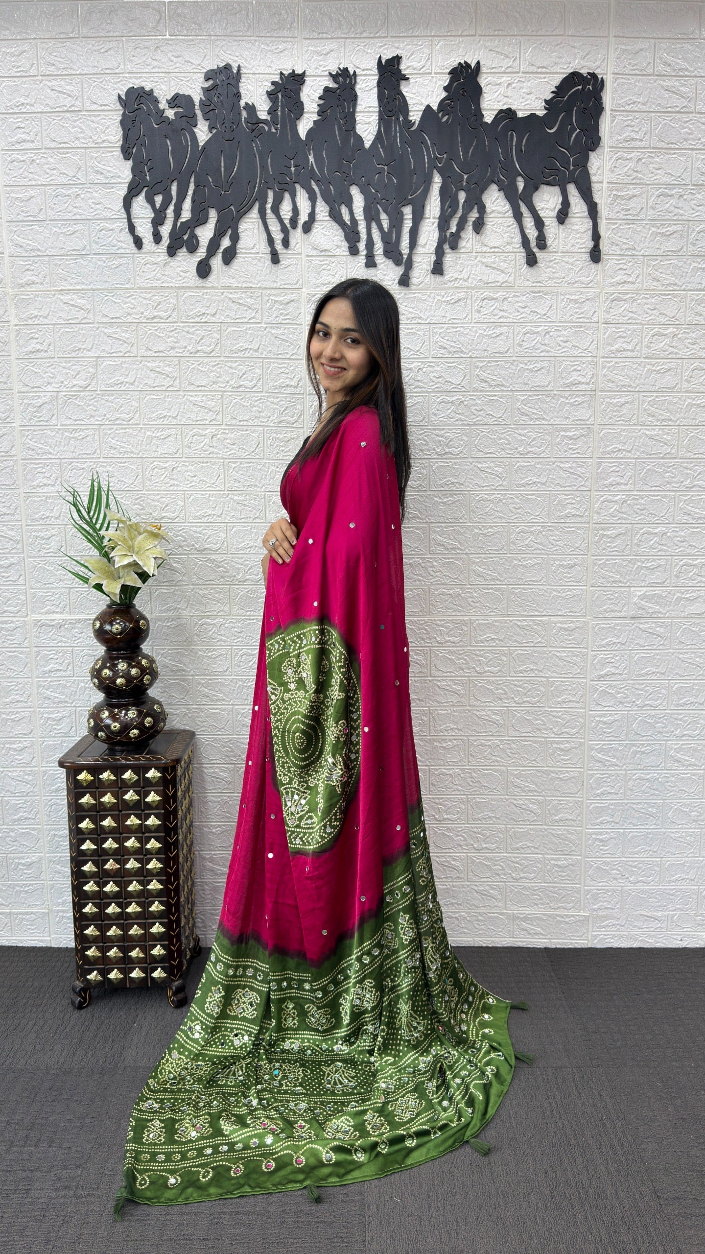 Soft satin crepe silk saree with Beautiful bandhini print and Real mirror work (prebooking)