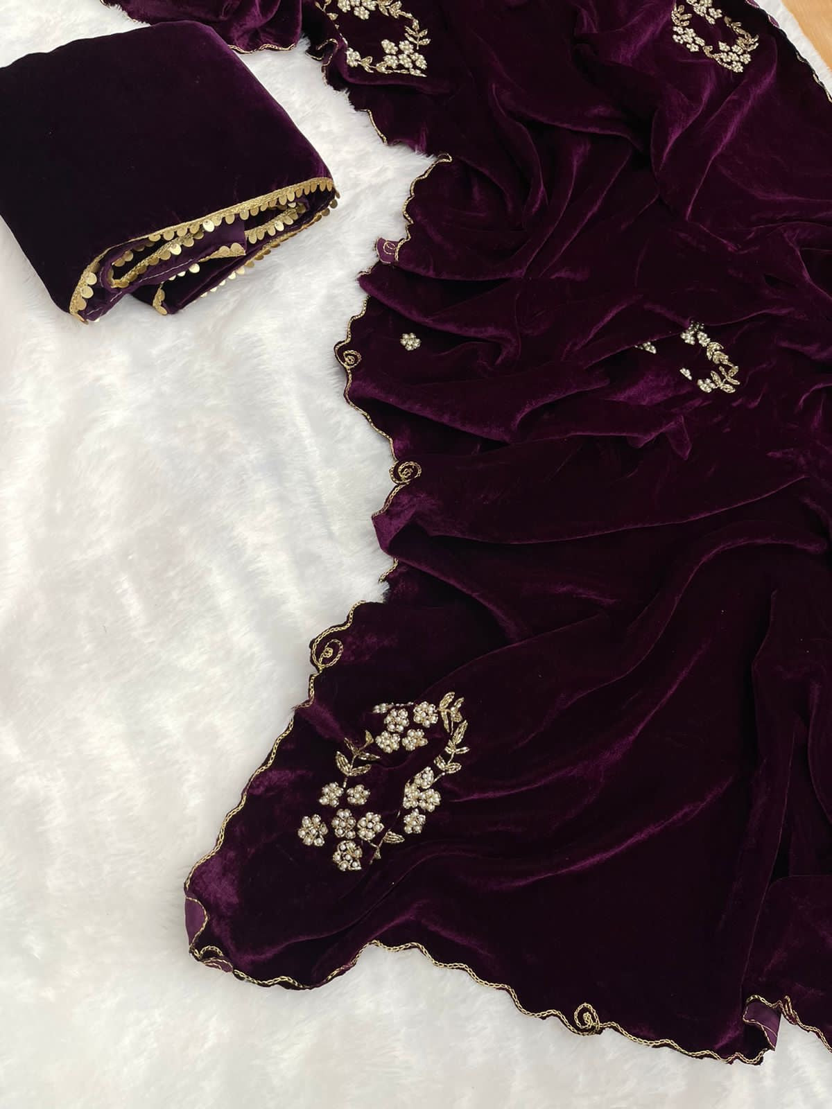 Beautiful heavy velvet saree with handwork