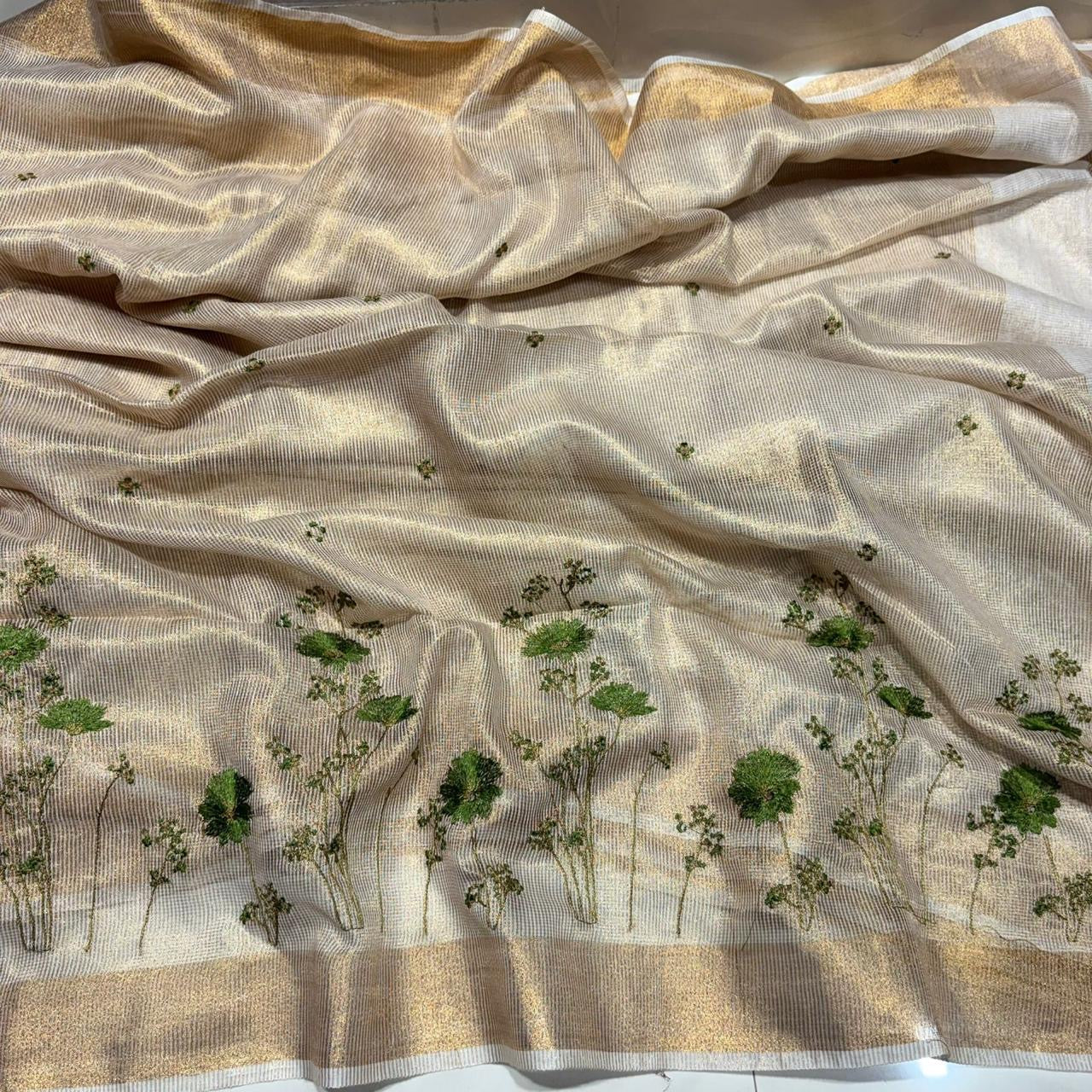 Premium tissue linen saree with beautiful embroidery