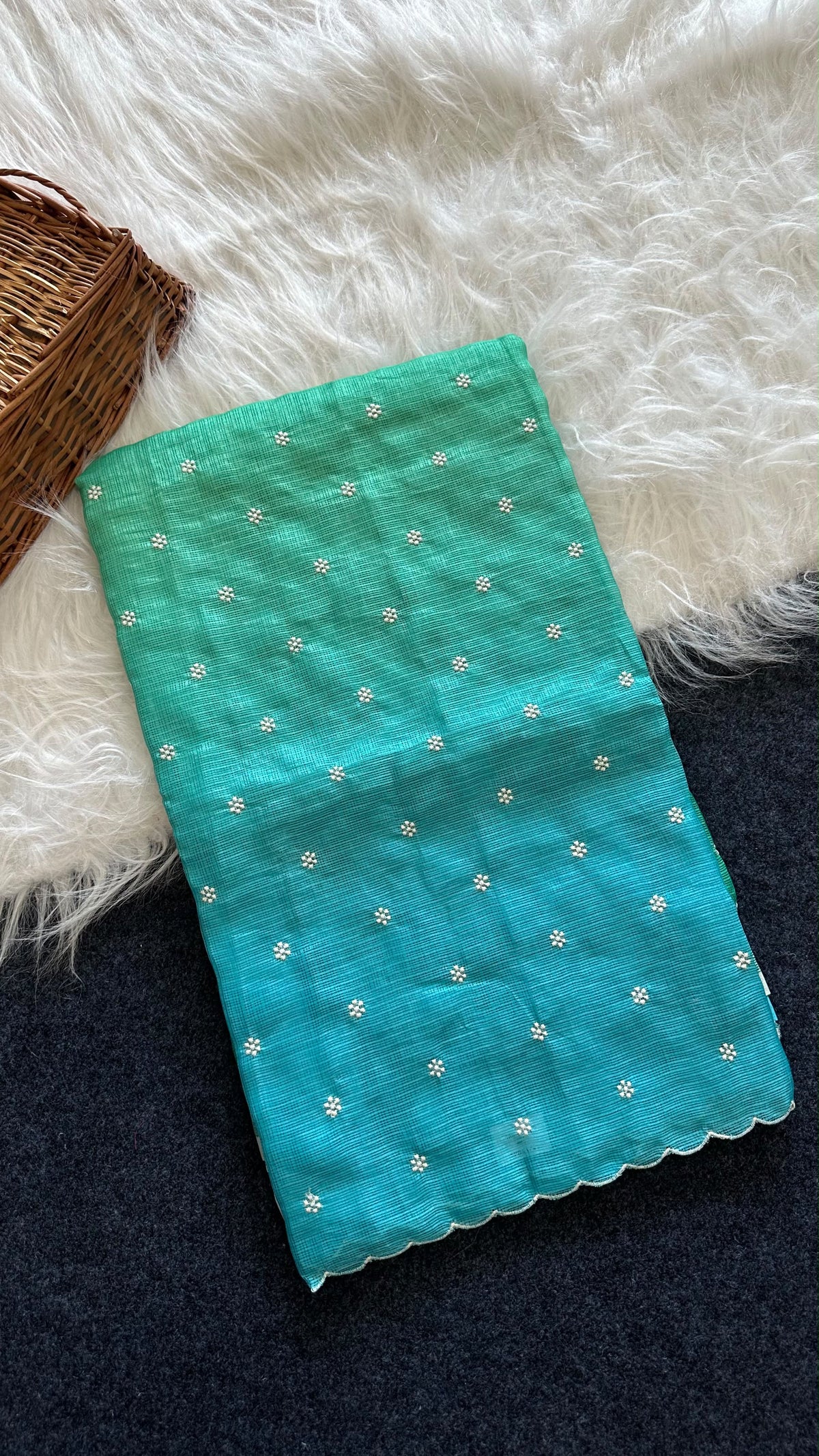 Beautiful kota doria saree with white buti weaving and scalloped border