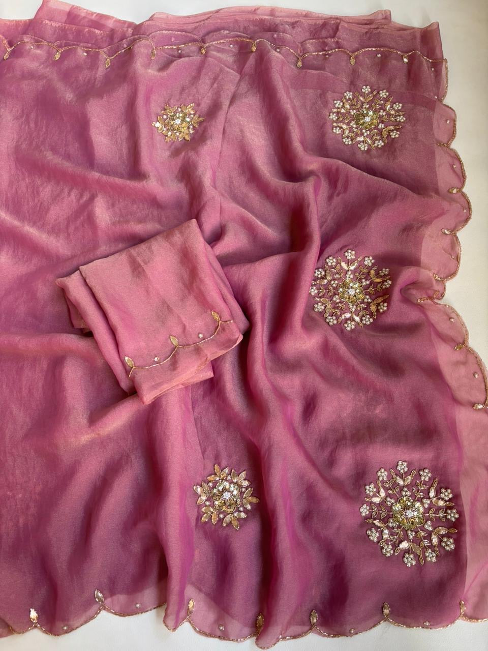 Beautiful soft two tone tissue silk saree with gotta, pearl and sequins work