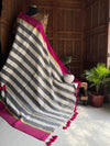 Beautiful pure authentic mul cotton saree with black stripes and pink border