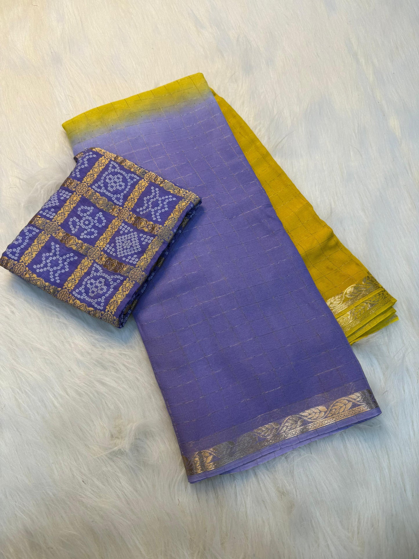 Beautiful ombre shaded viscous georgette check saree with bandhini blouse