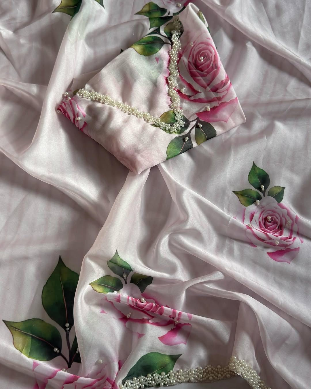 Rose printed soft mul organza saree with handwork