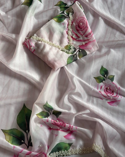 Rose printed soft mul organza saree with handwork
