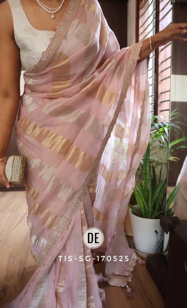 Pure organza tissue in silver and gold zari stripes saree