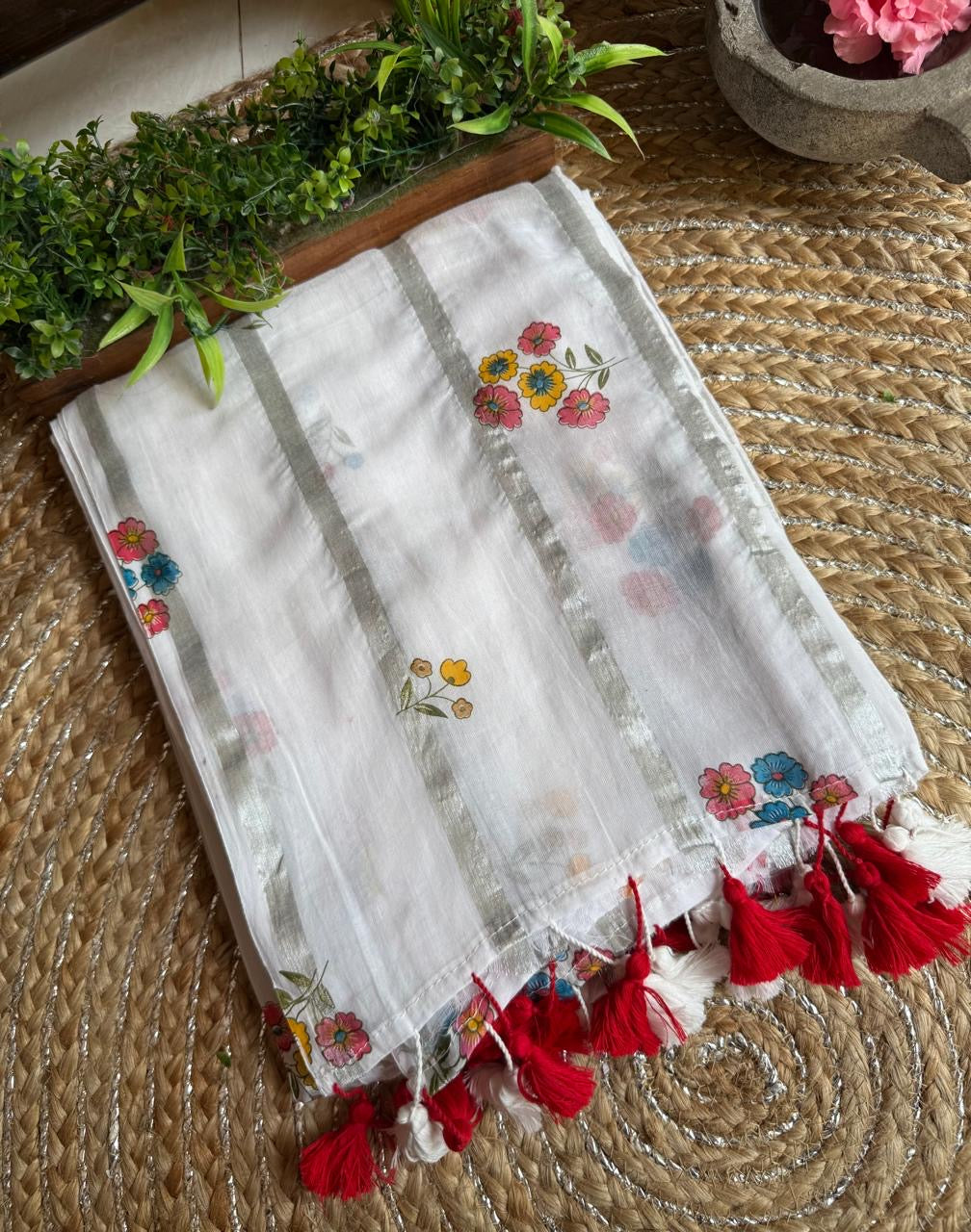 Pure mul cotton saree with cute prints and silver zari stripes