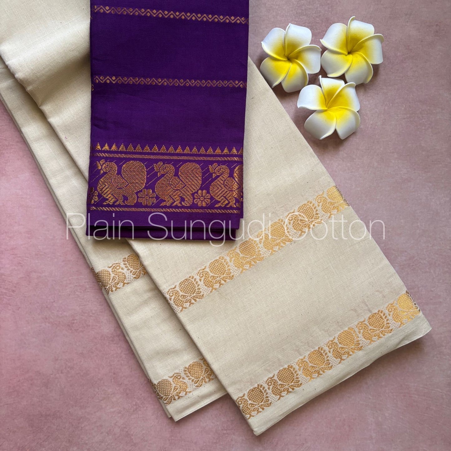Pure plain sungudi cotton saree with double peacock border - white