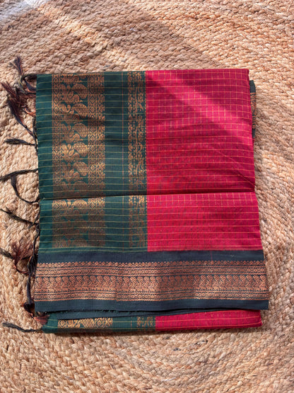 Premium silk cotton sarees with zari checks and contrast border