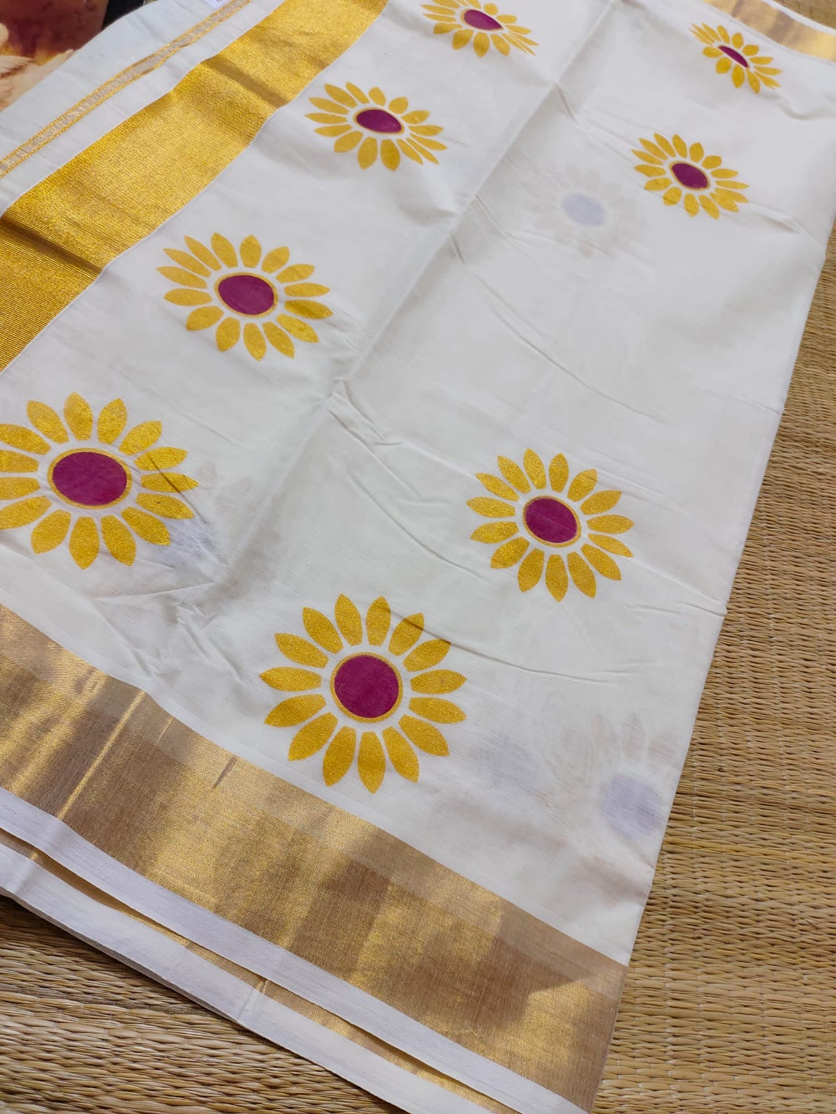 Premium printed kerala cotton saree - yellow flower