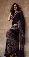 Soft and beautiful crepe silk saree with ajrakh prints and mirror work