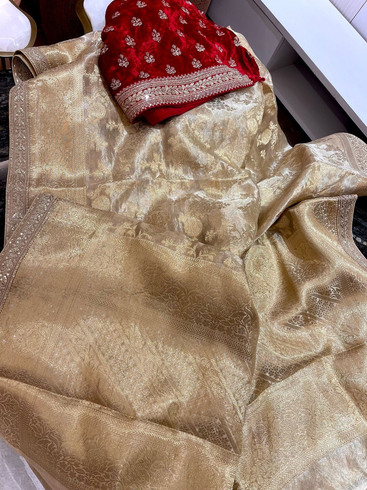 Pure tissue kanchi saree with velvet blouse