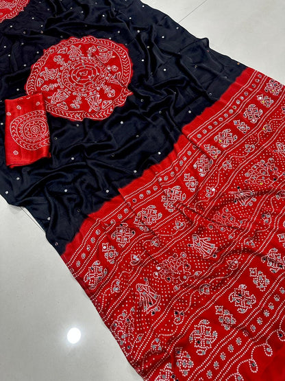 Soft satin crepe silk saree with Beautiful bandhini print and Real mirror work (prebooking)