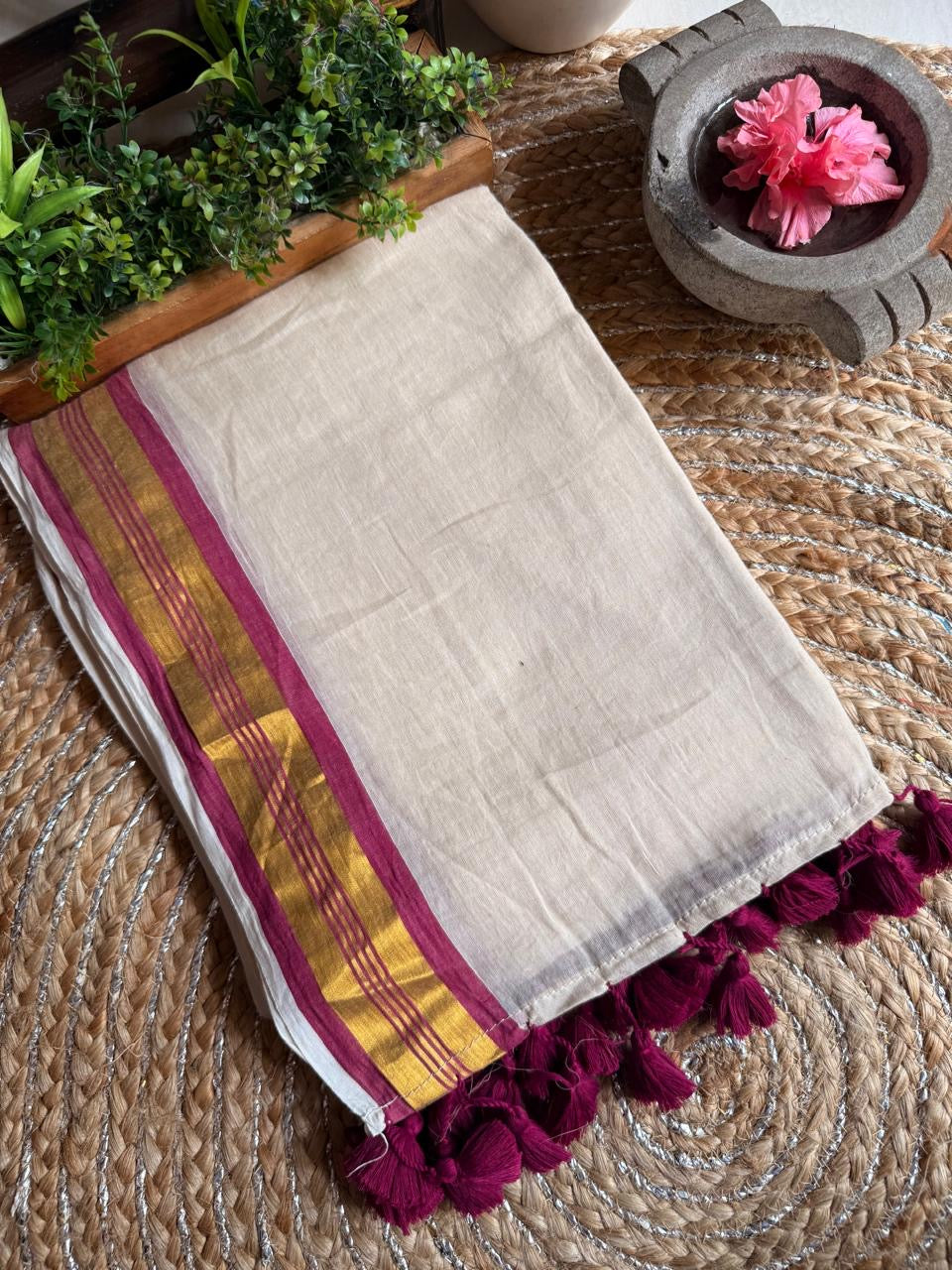 Soft Mul cotton saree - Wine