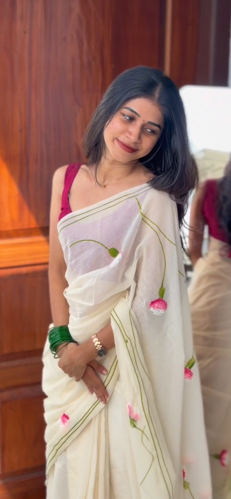 Pure mul cotton handpainted saree - globe amaranth