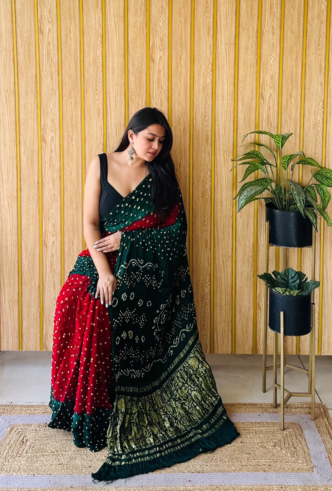 Soft modal silk with nakshi pallu and tye and dye bandhini prints