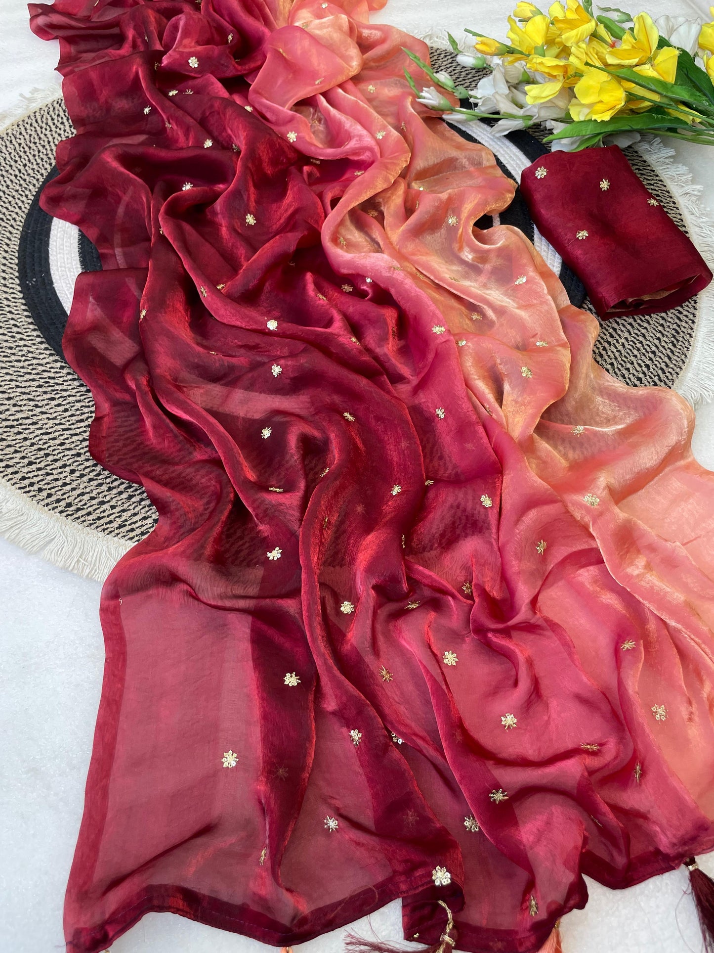 Ombré shaded fendi satin shimmer saree with sequins embroidery