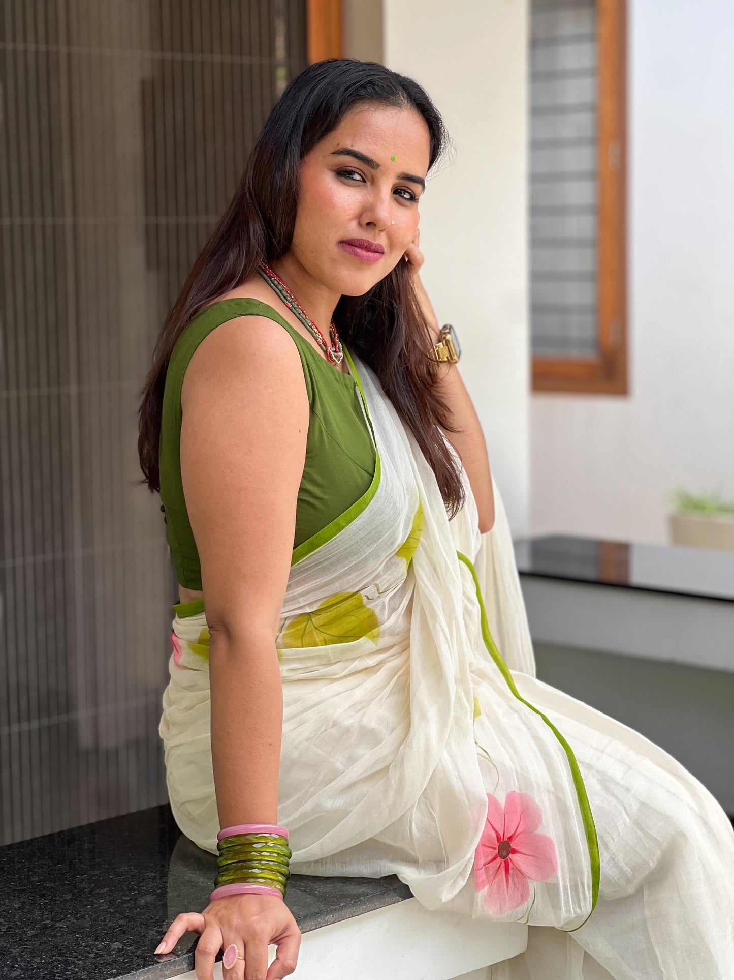 Pure mul cotton handpainted saree - Morning Glory