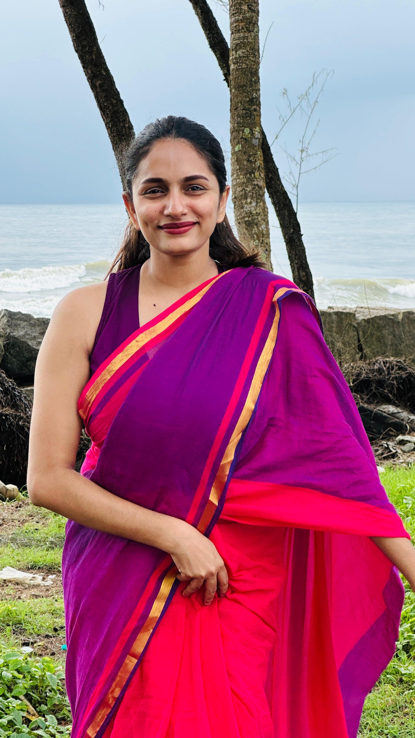 Pure mul cotton saree half pink purple