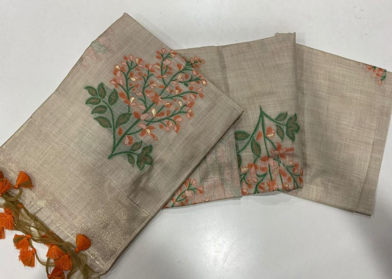 Soft off white muga cotton saree with floral weavings