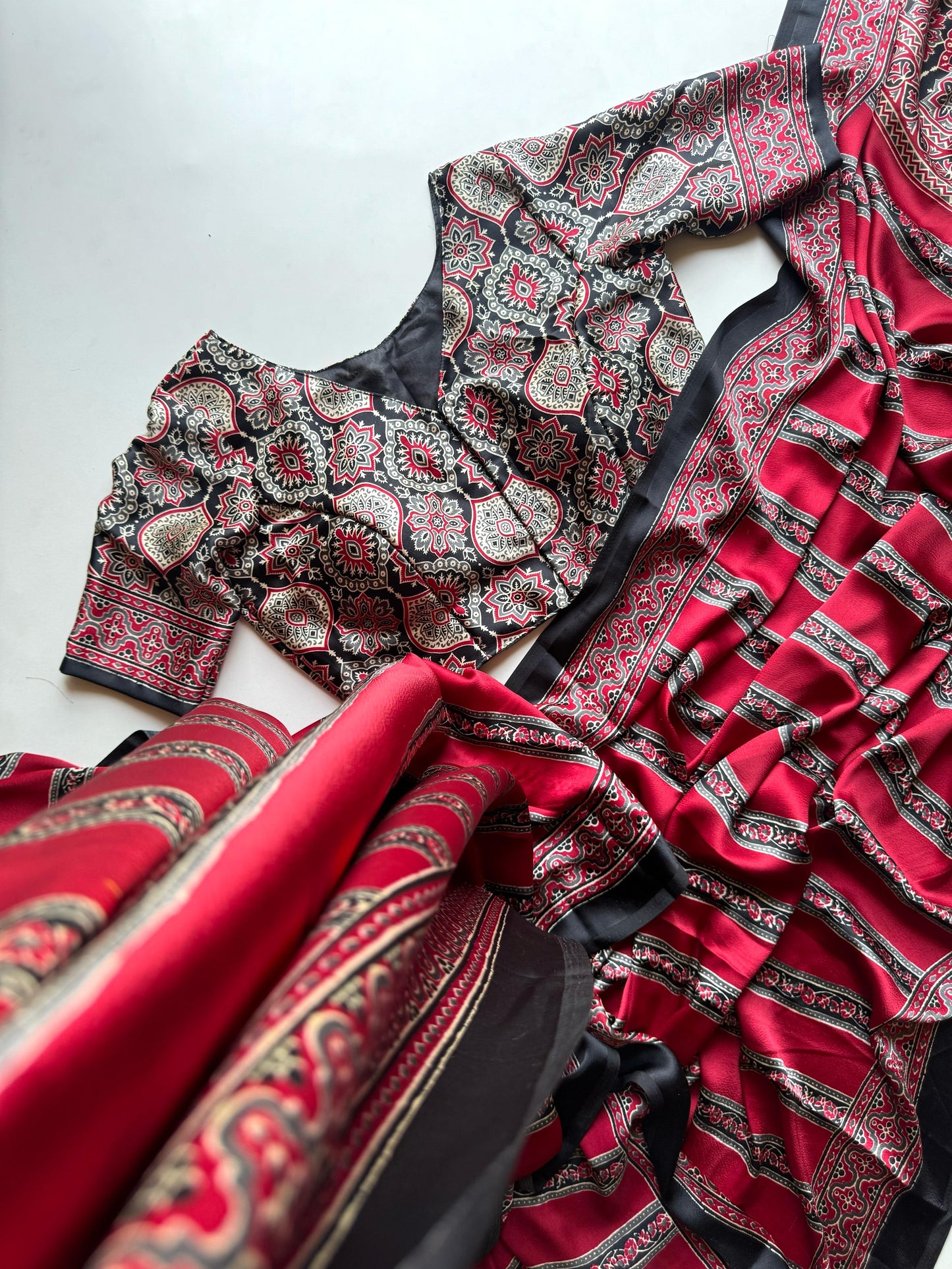 Semi modal silk saree with ajrakh prints