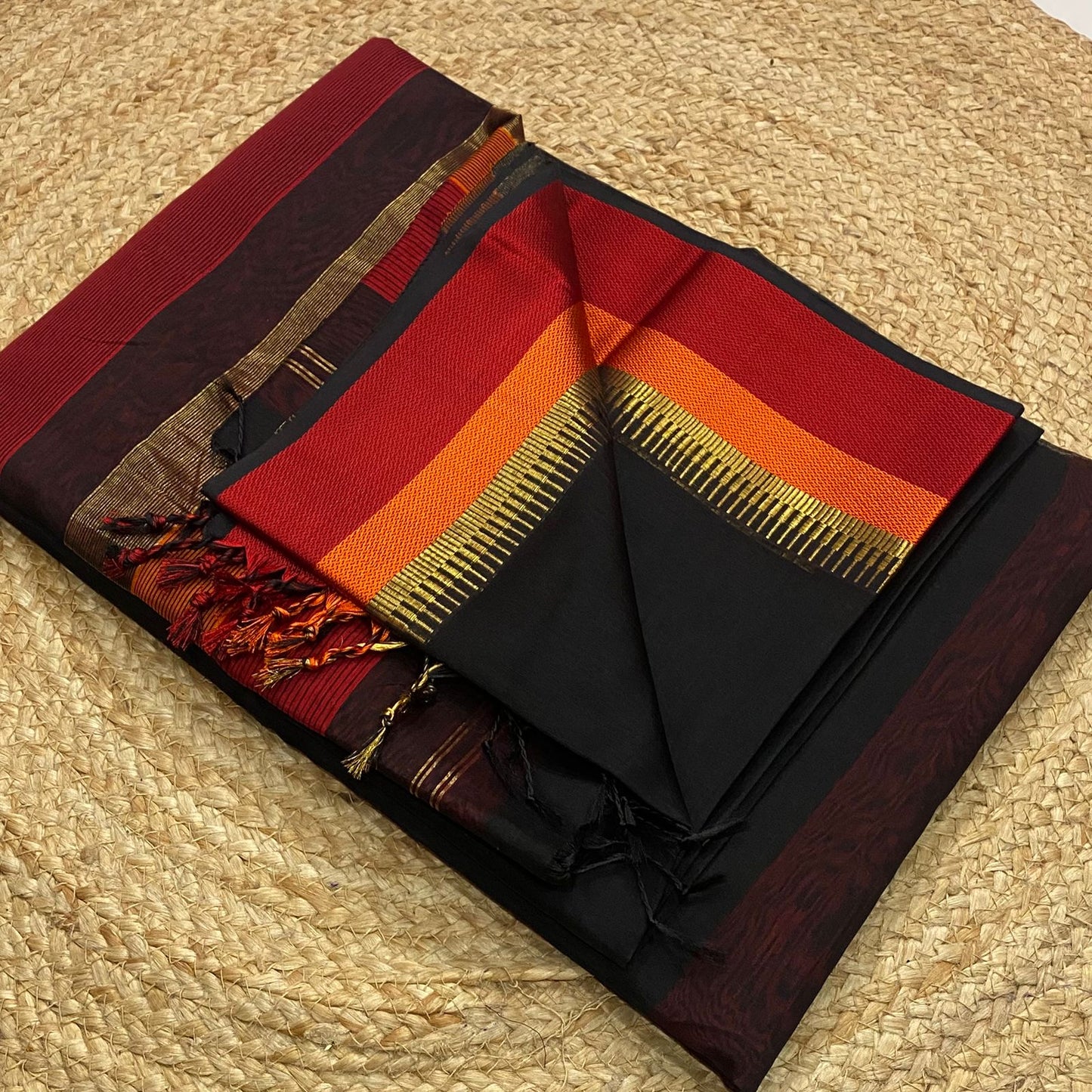 Pure Handloom Maheshwari silk cotton saree with multi resham border - black