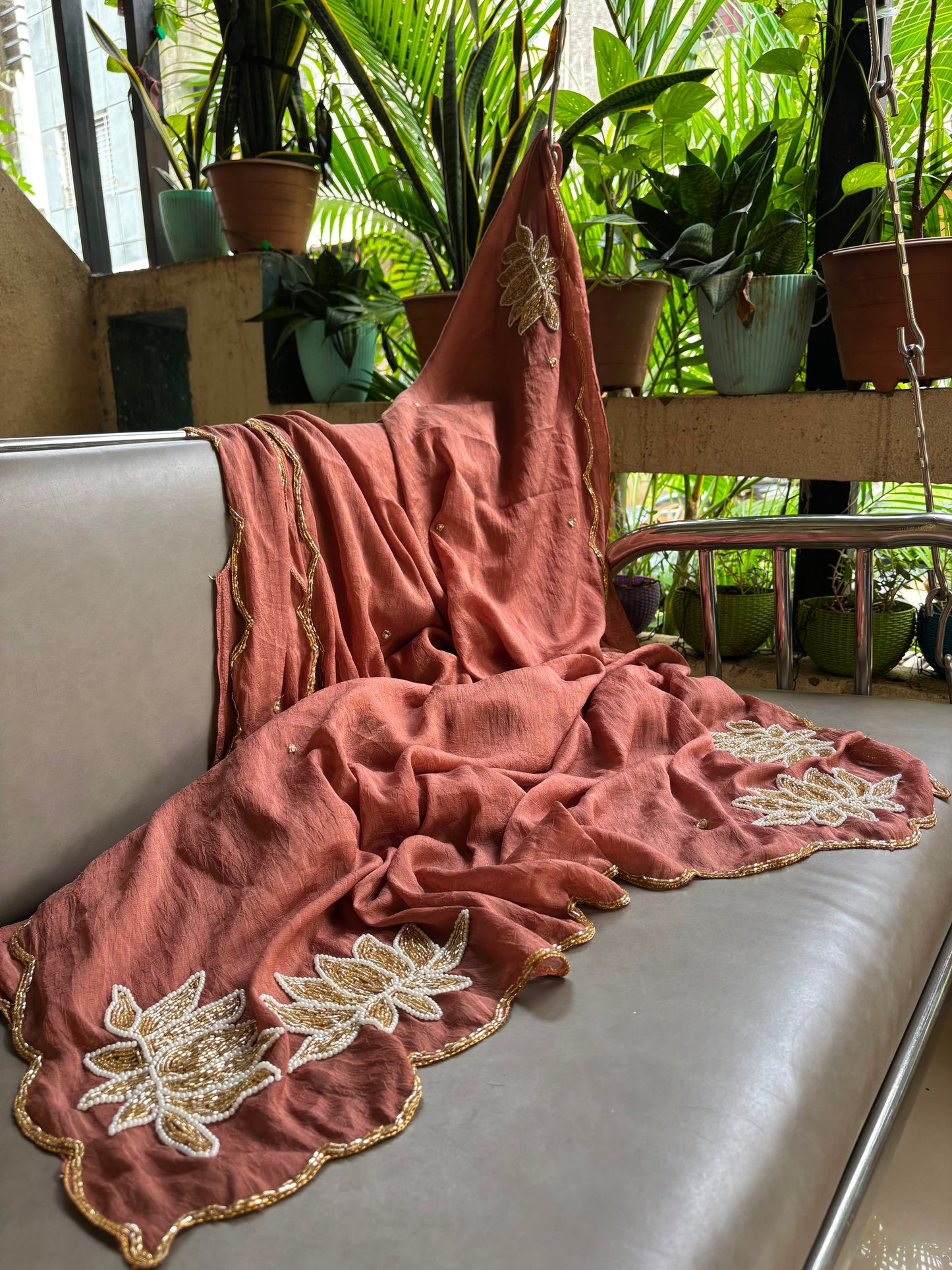 Soft crush rangoli saree with beautiful lotus handwork on pallu