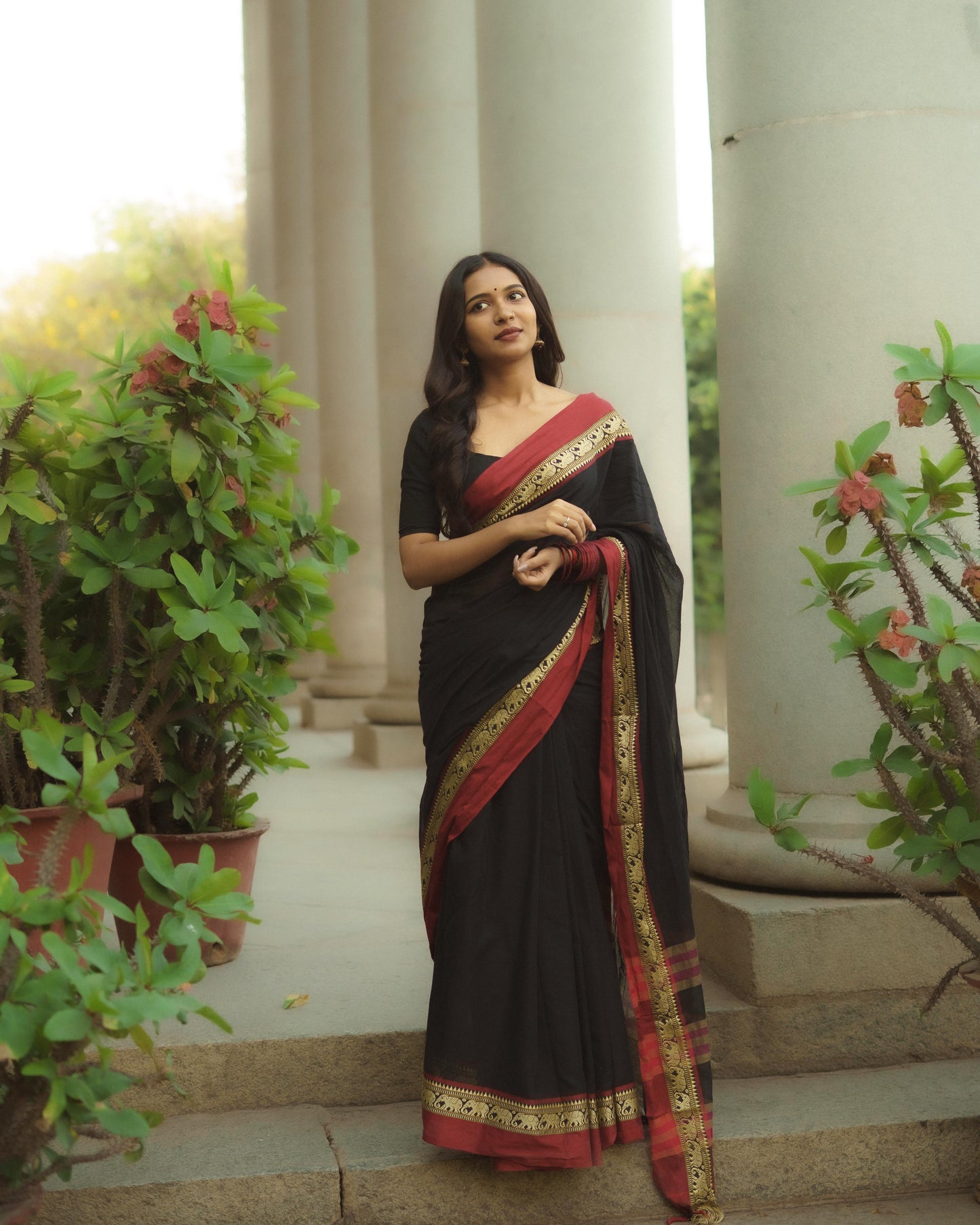 Narayanpet elephant border saree - Black