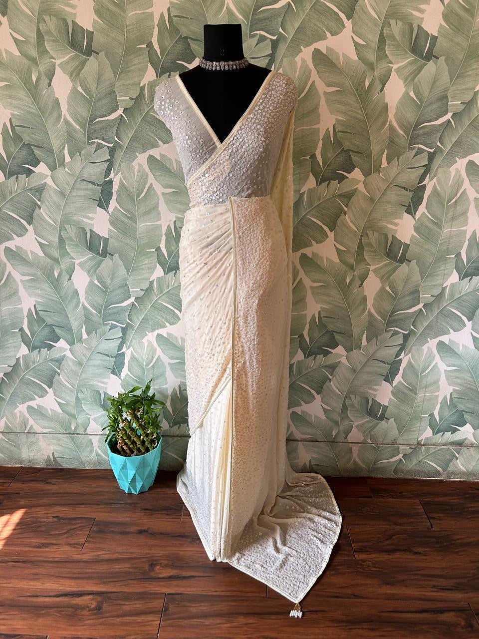 Pure Chinnon Silk saree with pearl sequins handwork