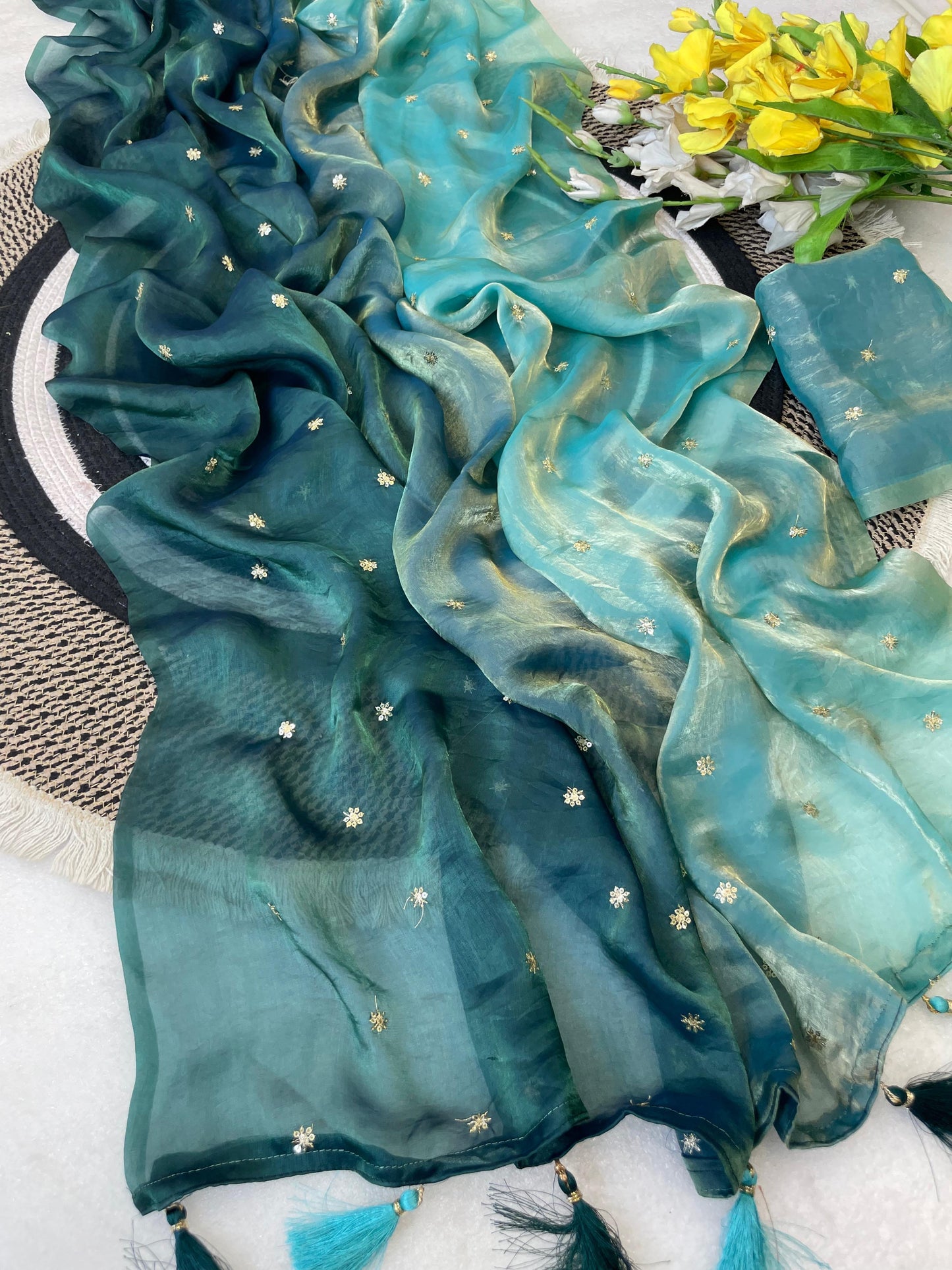 Ombré shaded fendi satin shimmer saree with sequins embroidery