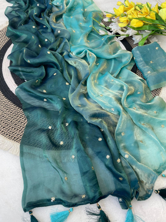 Ombré shaded fendi satin shimmer saree with sequins embroidery