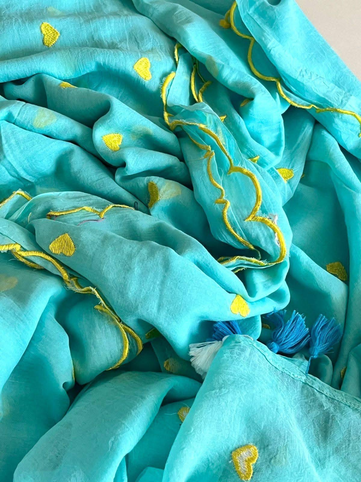 Pure and authentic mul cotton sarees with heart embroidery and scalloped border