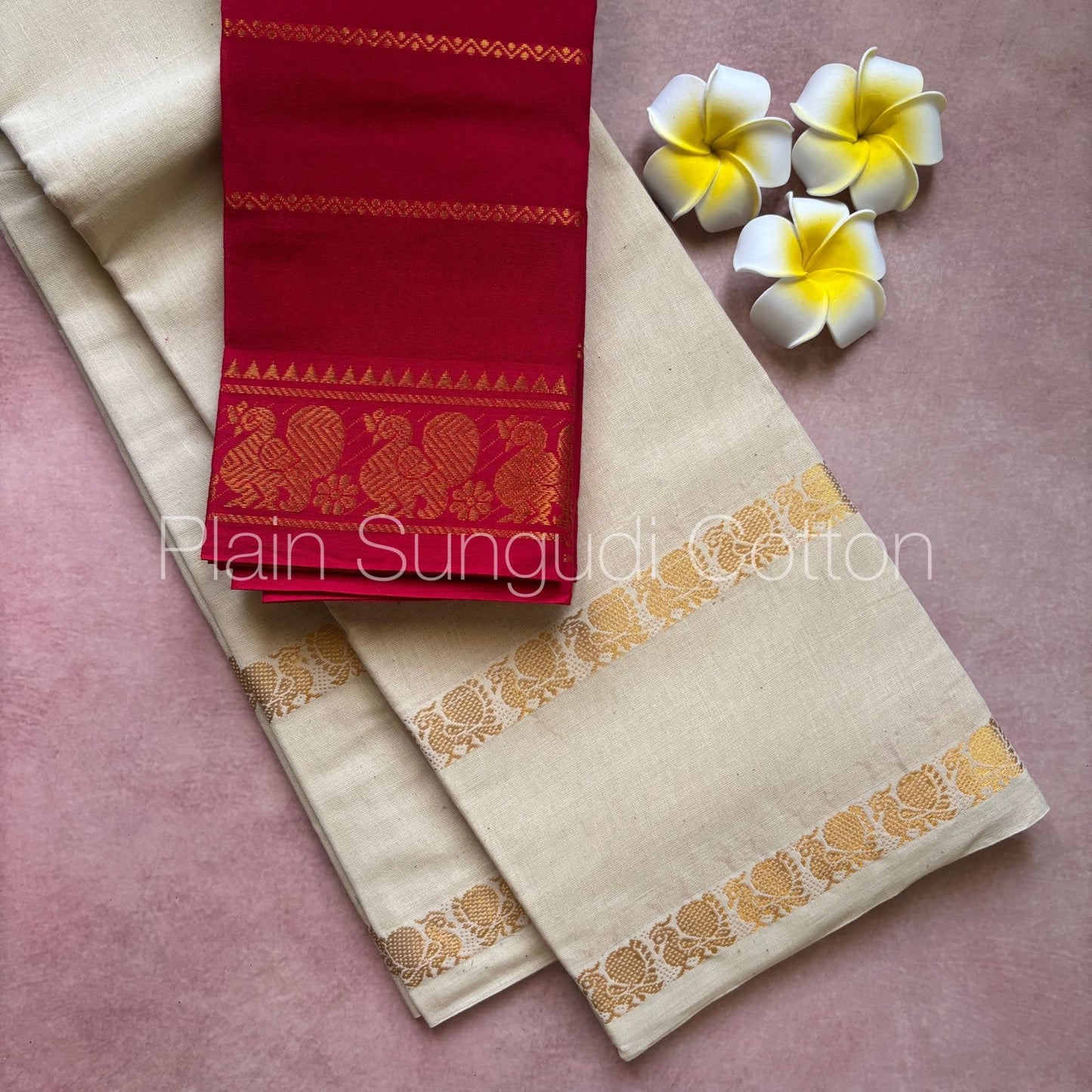Pure plain sungudi cotton saree with double peacock border - white