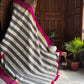 Beautiful pure authentic mul cotton saree with black stripes and pink border