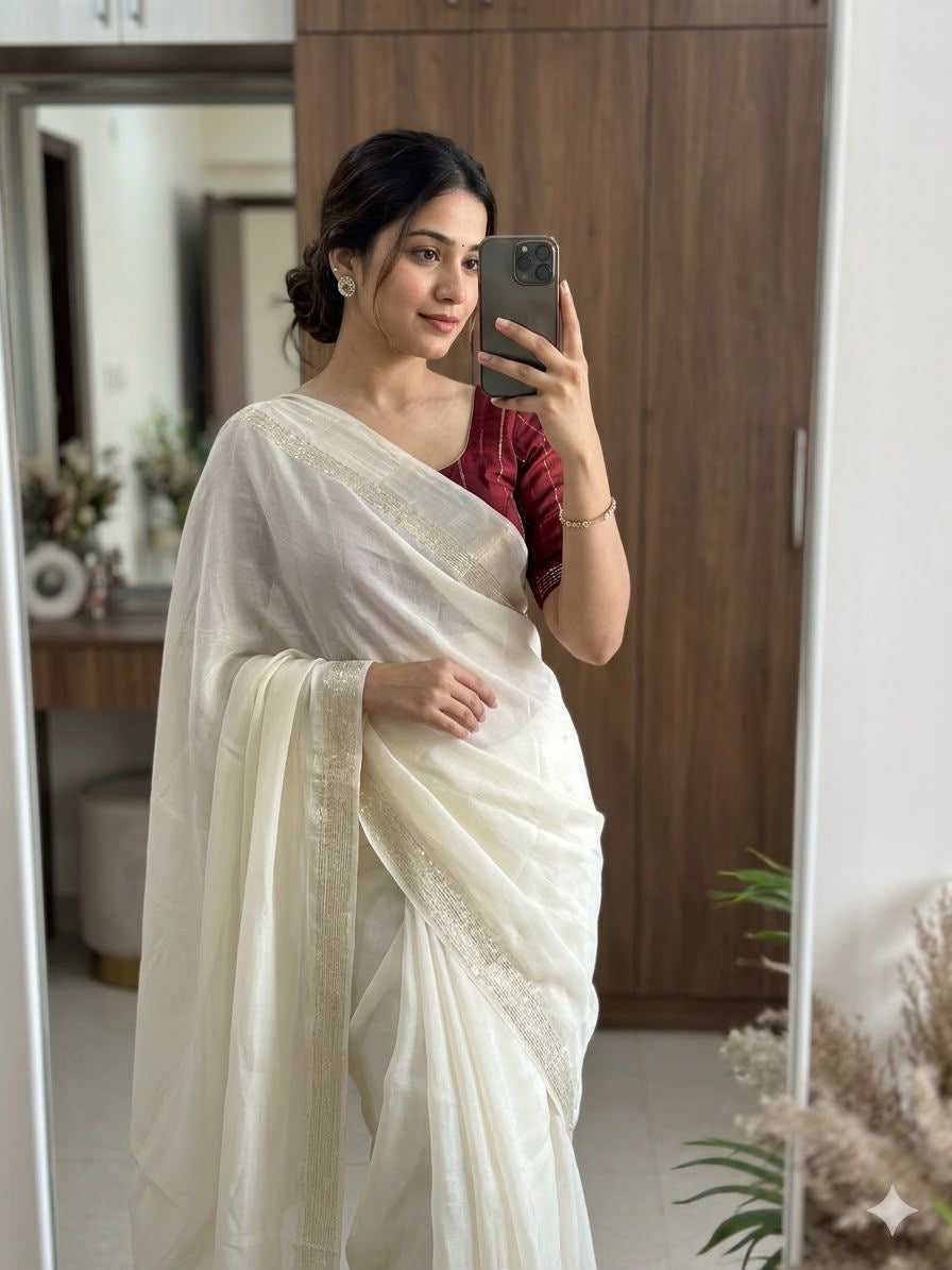 Beautiful viscous plain georgette saree with satin border and running blouse