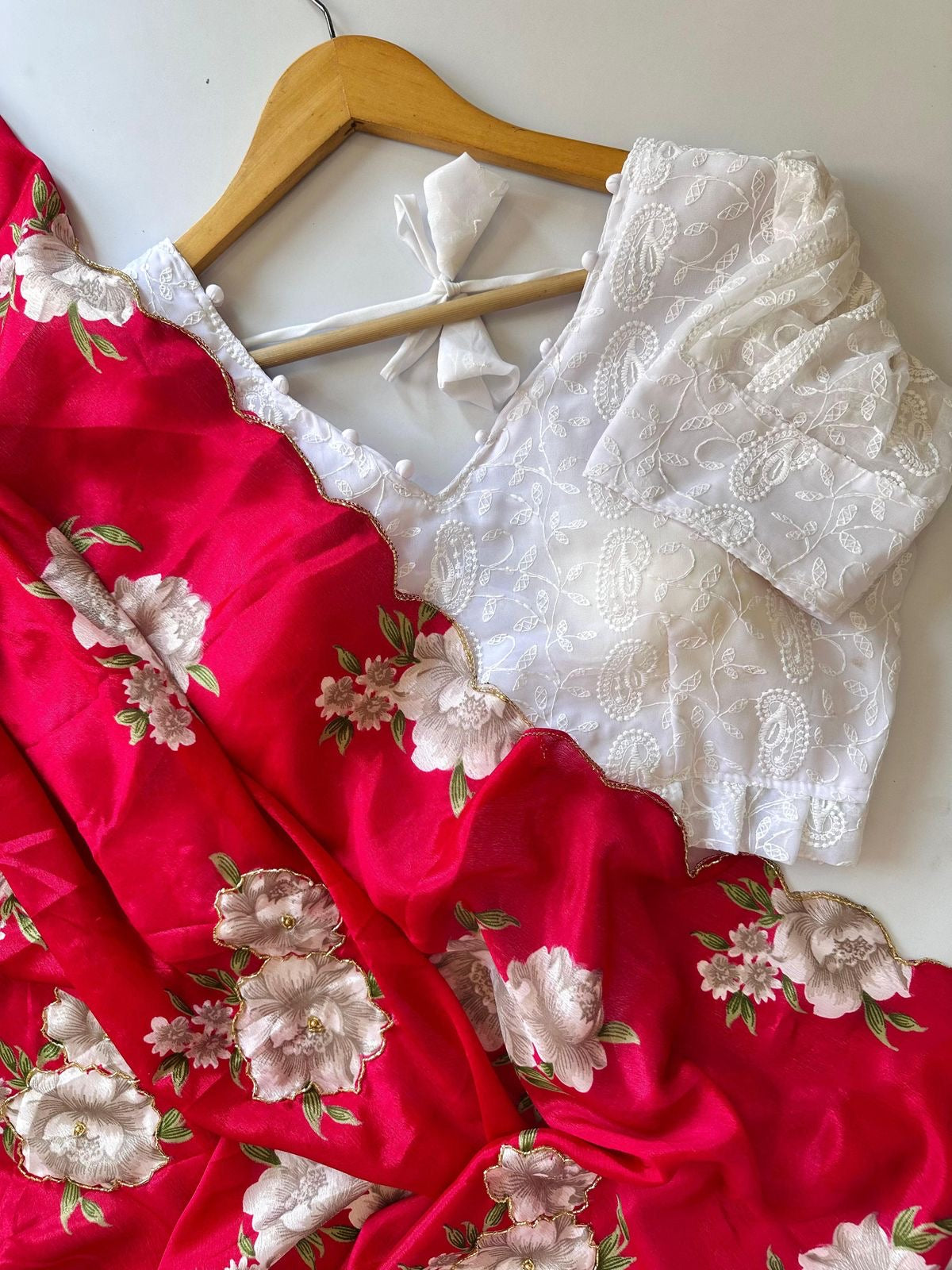 Floral chinon silk saree with embroidery