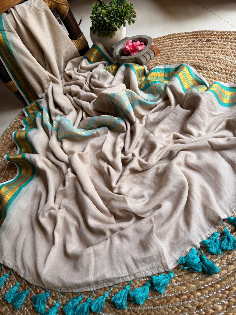 Soft Mul cotton saree - Teal