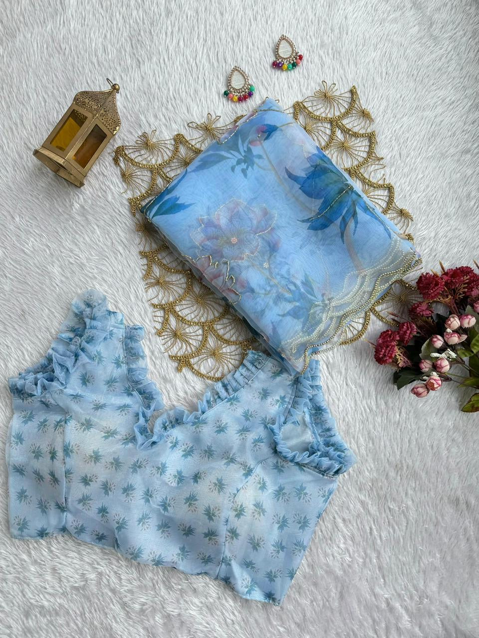 Beautiful semi organza saree with floral digital prints with cutdana beads work