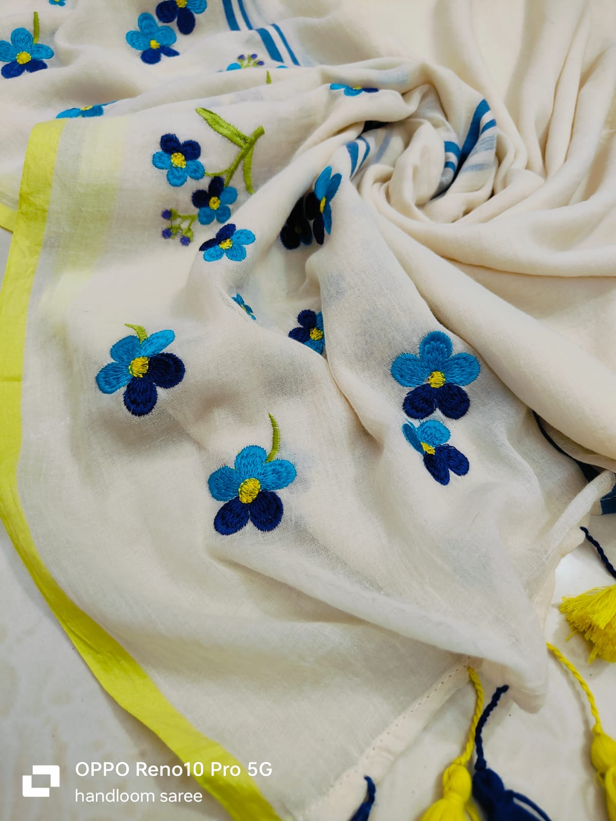 Pure mul cotton saree with blue floral embroidery