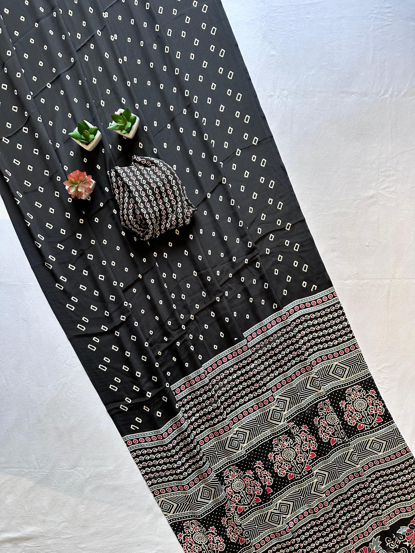 Soft semi gajji modal silk saree with ajrakh pallu