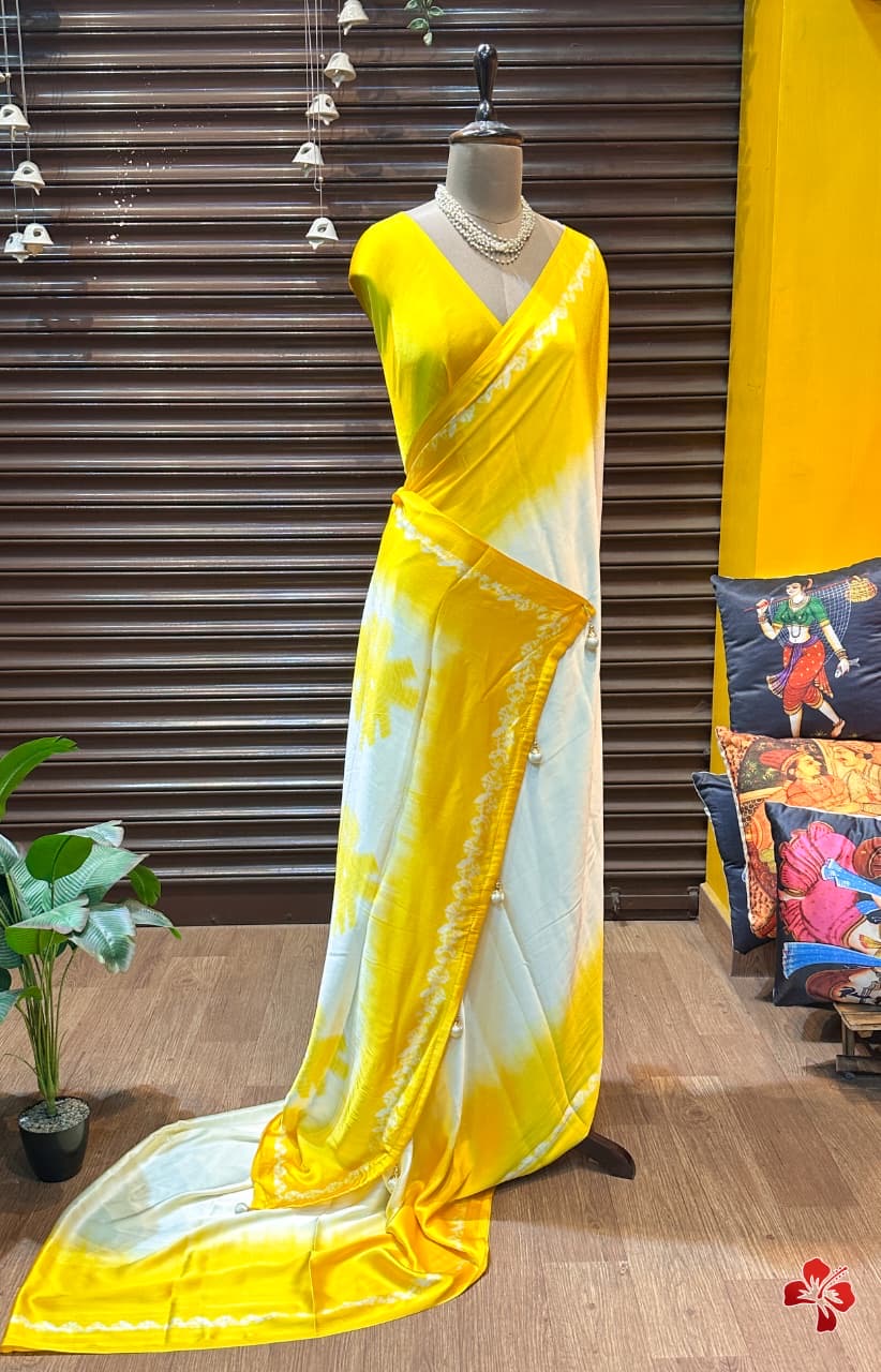Beautiful viscous satin silk with bandhini prints - Chaitra reddy inspired