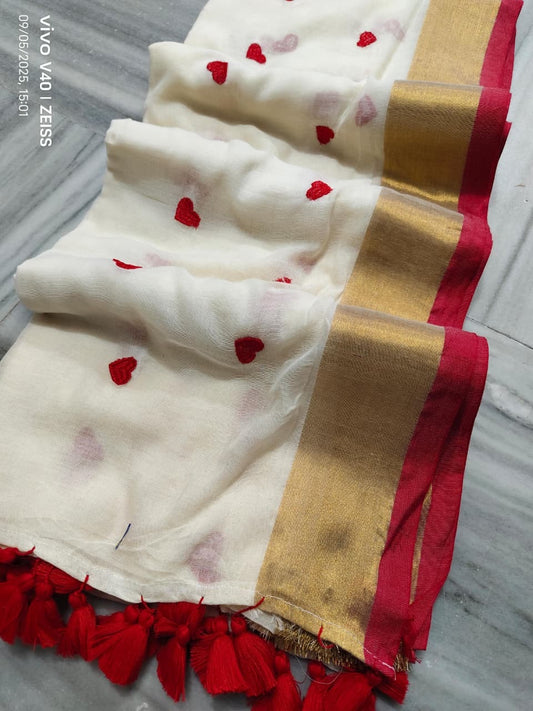 Pure authentic mul cotton saree with heart embroidery